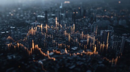 Poster - Dynamic financial growth visualization over urban skyline at night digital data analysis environment aerial view