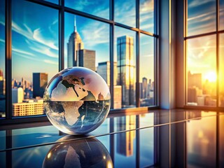 Poster - Glass Globe Reflecting Cityscape - Urban Living & Global Connection Stock Photo