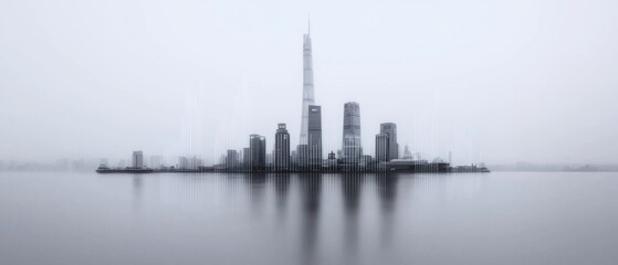 Poster - Futuristic cityscape with glowing line charts and abstract water patterns shanghai digital art urban environment aerial view modern concept
