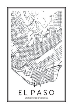 Printable downtown road map poster of the USA city of EL PASO on solid white background with city name
