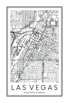 Printable downtown road map poster of the USA city of LAS VEGAS on solid white background with city name