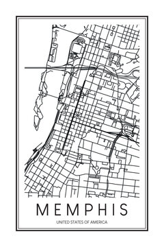Printable downtown road map poster of the USA city of MEMPHIS on solid white background with city name