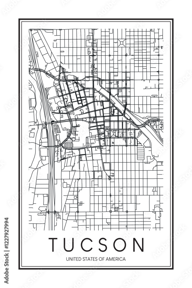 Printable downtown road map poster of the USA city of TUCSON on solid ...