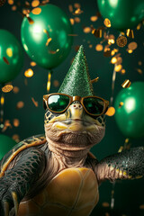 Wall Mural - Cute funny turtle wearing sunglasses and hat, holding happy birthday balloons against golden confetti flying around. Dark green background banner greeting card invitation.