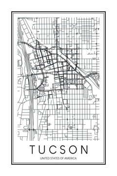 Printable downtown road map poster of the USA city of TUCSON on solid white background with city name