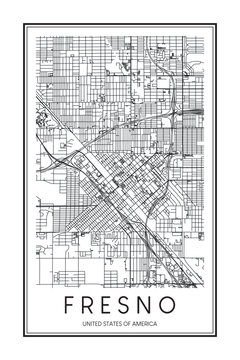 Printable downtown road map poster of the USA city of FRESNO on solid white background with city name