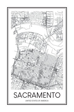 Printable downtown road map poster of the USA city of SACRAMENTO on solid white background with city name