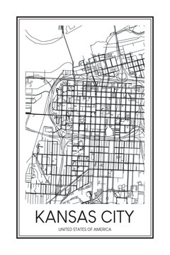 Printable downtown road map poster of the USA city of KANSAS CITY on solid white background with city name