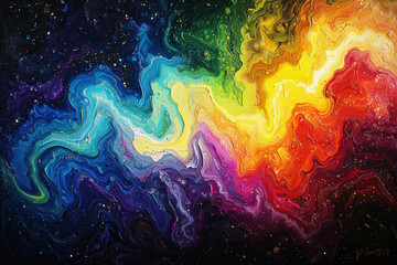 Poster - Dynamic abstract painting of swirling rainbow colors with vibrant textures and intricate details creates a mesmerizing flow of energy