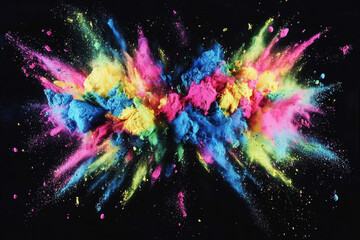 Poster - Dynamic explosion of glowing powder in vibrant colors against a black background creating energetic abstract forms