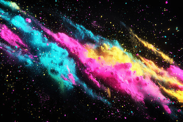 Poster - Dynamic explosion of glowing powder creates vibrant abstract patterns on a black background