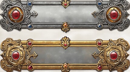 Golden silver copper vintage game frames, ui medieval square borders from metal, gems and red buttons. Cartoon empty metallic bordering with gemstone isolated design elements, Vector illustration set