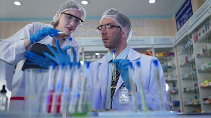 Wall Mural - Pharmacist and chemical scientist doing antibiotic trials and testing in the laboratory