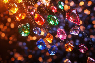 Poster - Gemstones cascade from above, creating a vivid display of color and brilliance against a blurred backdrop