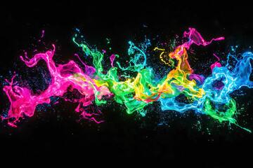 Poster - dynamic splash of neon paints creates abstract shapes in mid-air on a black background with vibrant 