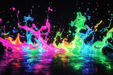 Poster - dynamic splash of glowing neon paints creating vibrant shapes against a dark background