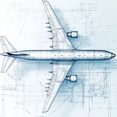 Fototapete - Detailed technical blueprints showcasing the design and structure of an airplane in a blueprint format. Generative AI