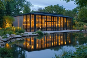 Poster - Modern Glass and Metal Building with Pond Reflection at Dusk . A stunning view of the New York City skyline at dusk, with lights twinkling as the sun sets behind the skyscrapers.