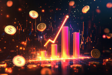 Poster - glowing bar chart with upward trend and golden coins symbolizing financial growth and success