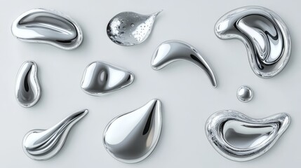 Abstract fluid 3d metal shape for y2k design. Realistic vector illustration set of chrome liquid blobs and drops. Wave and circle silver element. Trendy mercury droplet and splash flow decoration.