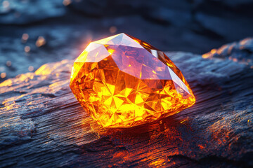 Aufkleber - Radiant topaz stone with golden hues reflects warm light on textured wooden surface