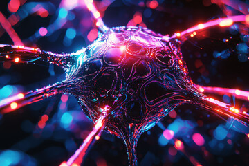 Poster - Glowing holographic neural network node with vibrant neon pathways and metallic details in a macro view