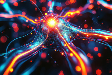 Poster - Exploration of a glowing holographic neural network node with intricate metallic details and vibrant neon pathways
