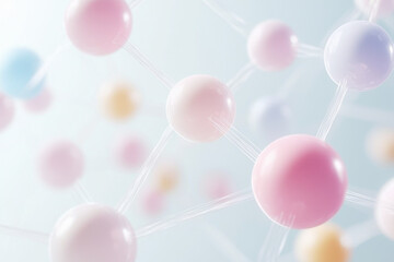 Poster - Minimalist molecular chain of soft pastel orbs connected by translucent threads in a bright space