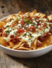 Wall Mural - a bowl of nachos with cheese and meat toppings. the bowl is white and the nachos are brown