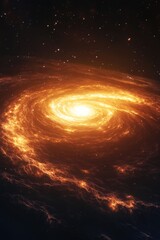 Wall Mural - A spiral galaxy with a bright yellow center. The galaxy is filled with stars and is surrounded by a dark background