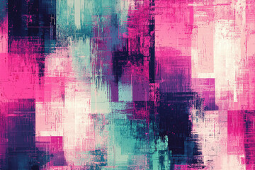 Poster - Vibrant repeating pattern of abstract digital glitch textures in pink, cyan, and purple tones for modern design projects