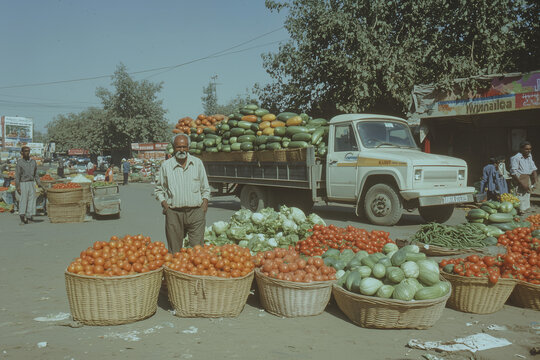 Vibrant Street Market: A bustling street market in an African city bursts with vibrant colors and lively activity. Baskets overflowing with fresh produce, a man surveying his wares.