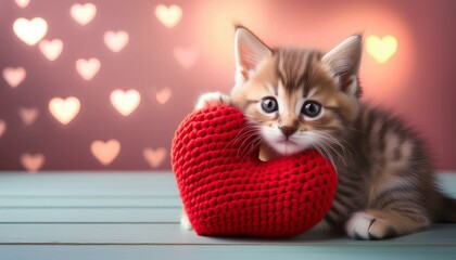 Wall Mural - cute kitten hugging a red heart shaped crochet pillow copy space love concept valentines day