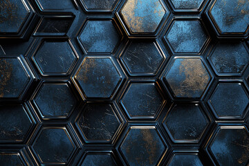 Poster - Repeating metallic hexagon pattern on a dark background showcases a futuristic design with sharp edges and textures