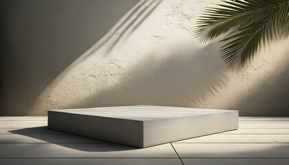 Wall Mural - a minimalist concrete platform with palm tree shadows against a textured wall