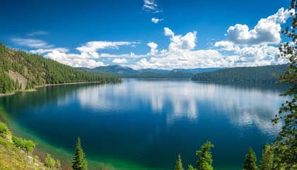Wall Mural - this picturesque location features the clear reflective waters of coeur d alene lake framed by vibrant greenery and under a bright blue sky dotted with clouds