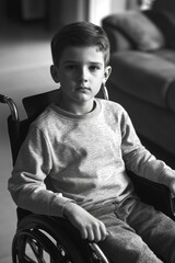 Wall Mural - A boy in a wheelchair is sitting in a living room. He is wearing a gray sweater and gray pants