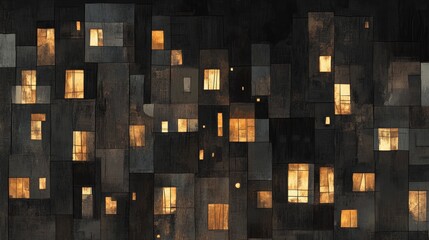 Wall Mural - Nocturnal Cityscape Abstract Patchwork Composition of Illuminated Windows, Digital Painting, Urban Night, Night Lights Abstract art, digital painting