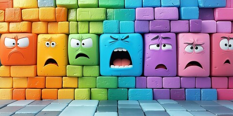 Poster - Colorful block characters displaying various emotions against a rainbow brick wall in a playful animated setting