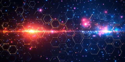 Poster - Colorful cosmic background with hexagonal patterns and radiant stars in deep space at night