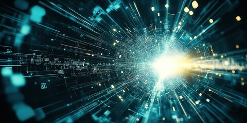 Fototapete - Visual representation of a futuristic digital tunnel filled with bright light and intricate patterns