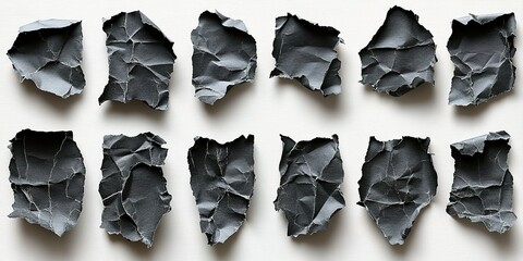 Poster - Crumpled black paper pieces arranged in an artistic display on a light backdrop showcasing texture and contrast