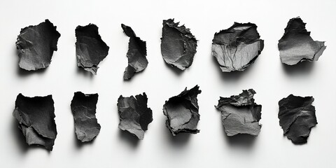 Poster - Crumpled black paper pieces arranged on a light background showcasing texture and shadow effects