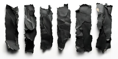 Poster - Black textured paper strips arranged on a white surface showcasing various shapes and patterns