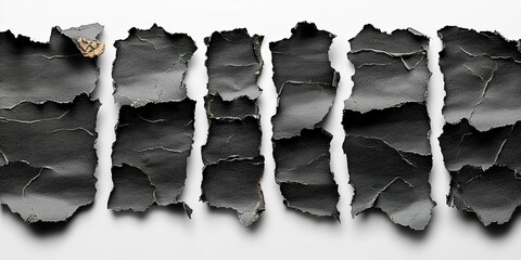 Poster - Torn black paper strips create a textured background with varying edges and shadows