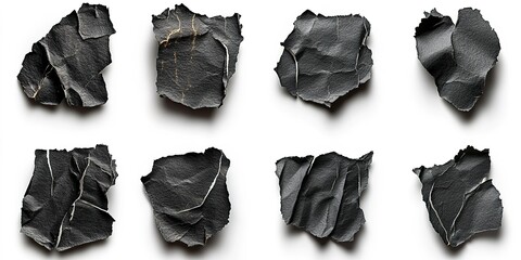 Poster - Textured black crumpled paper arranged in an artistic layout showcasing various shapes and shades