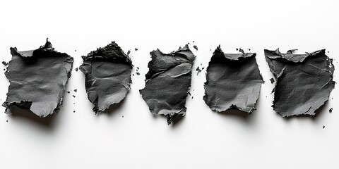Poster - Crumpled black paper pieces arranged in a row on a clean white background showcasing textures and contrast