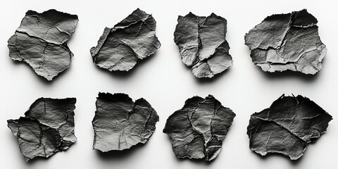 Poster - Textured black paper pieces arranged on a white background highlighting their unique shapes and creases in a minimalist presentation