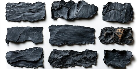 Poster - Textured black slate pieces arranged in an artistic layout showcasing natural formations and variations at a studio setting