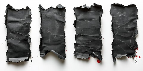 Poster - Artistic display of textured black paper with torn edges and red stains against a clean background
